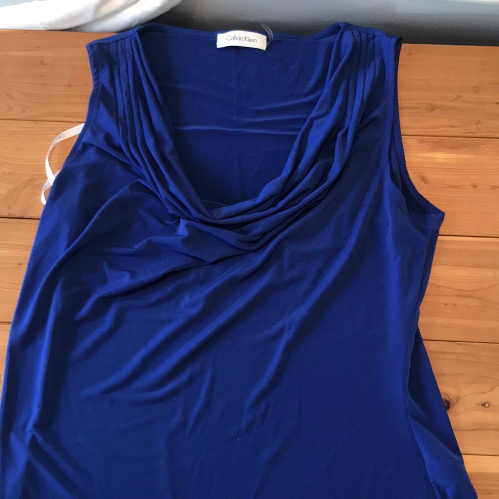 Blue sleeveless polyester top with cowl neck